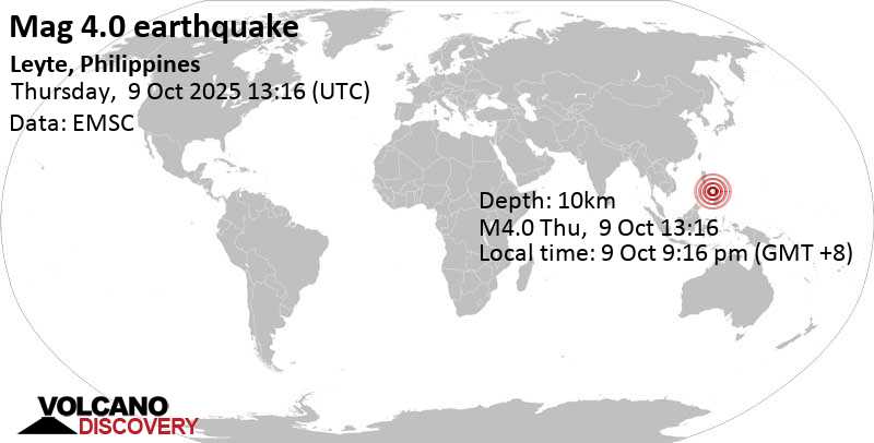 4.0 quake Philippine Sea, 8.2 km northeast of Bogo, Philippines, Oct 9, 2025 09:16 pm (Manila time)