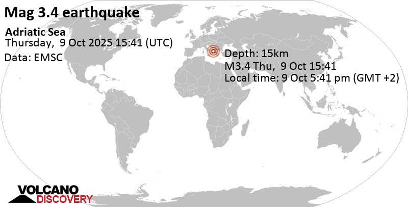 3.4 quake Adriatic Sea, 42 km northwest of Vlore, Qarku i Vlores, Albania, Oct 9, 2025 05:41 pm (GMT +2)