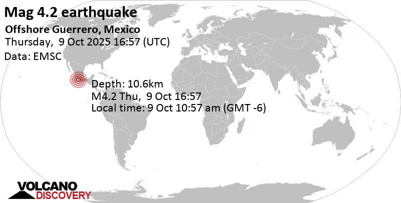 4.2 quake North Pacific Ocean, 37 km south of Petatlan, Estado de Guerrero, Mexico, Oct 9, 2025 10:57 am (Mazatlan time)