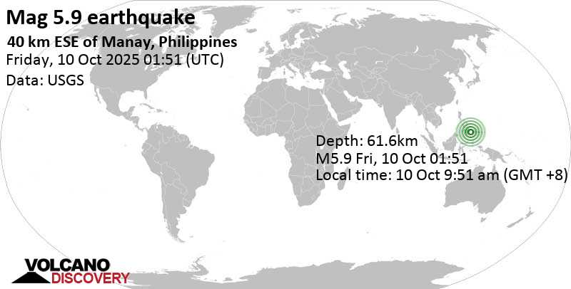 5.9 quake Philippine Sea, 40 km east of Manay, Philippines, Oct 10, 2025 09:51 am (GMT +8)