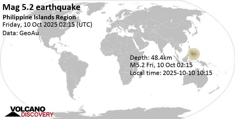 5.2 quake Philippine Sea, 116 km northeast of Mati, Philippines, Oct 10, 2025 10:15 am (GMT +8)