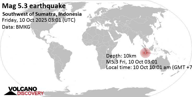 5.3 quake Indian Ocean, 213 km south of Pulau Enggano Island, Bengkulu, Indonesia, Oct 10, 2025 10:01 am (GMT +7)
