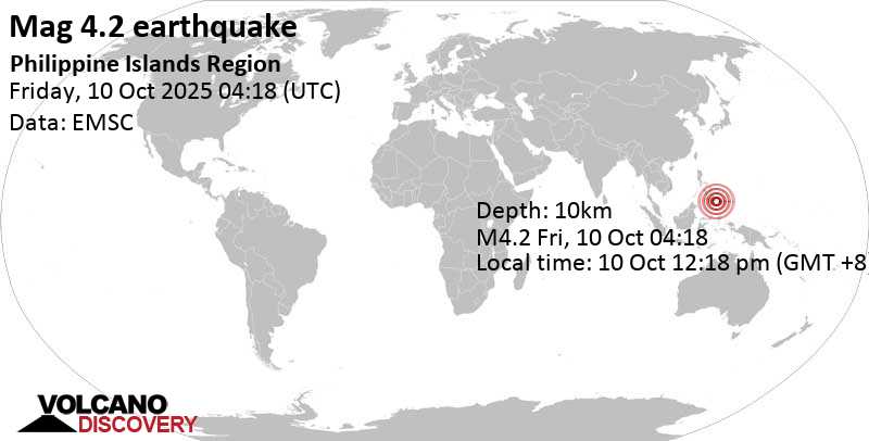 4.2 quake Philippine Sea, 64 km southeast of Manay, Philippines, Oct 10, 2025 12:18 pm (GMT +8)