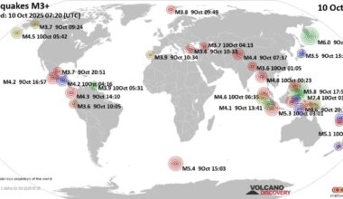 Worldwide earthquakes above magnitude 3 during the past 24 hours on 10 Oct 2025