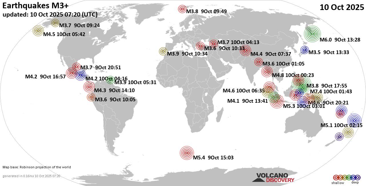 Worldwide earthquakes above magnitude 3 during the past 24 hours on 10 Oct 2025