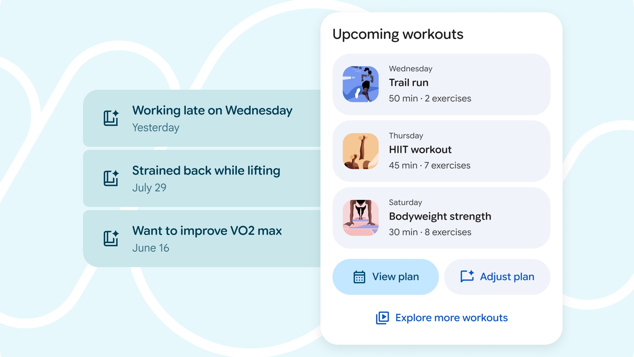 The Fitbit personal health coach showing three Upcoming workouts, with personal factors like "Working late" or a strained back impacting the suggestions, as well as buttons to "View plan," "Adjust plan," or Explore more workouts.