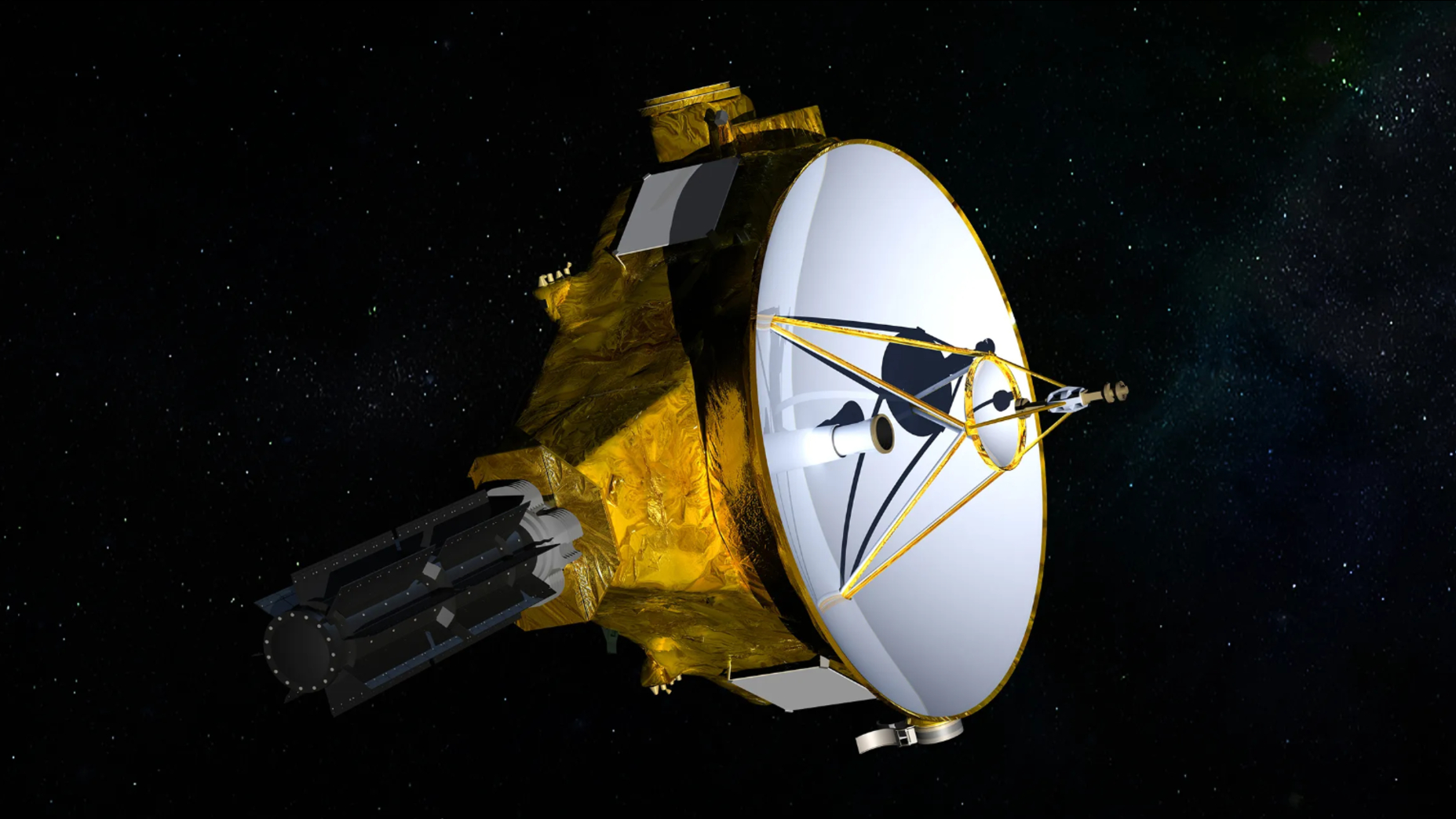 An artist's impression of NASA's New Horizons spacecraft depicted against a black, star-studded sky.