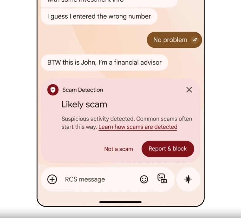 Scam Detection warning in Google Messages.