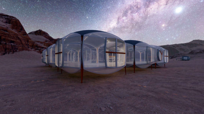 A digital render of a habitat concept for the MARS-V Project, featuring transparent pods.