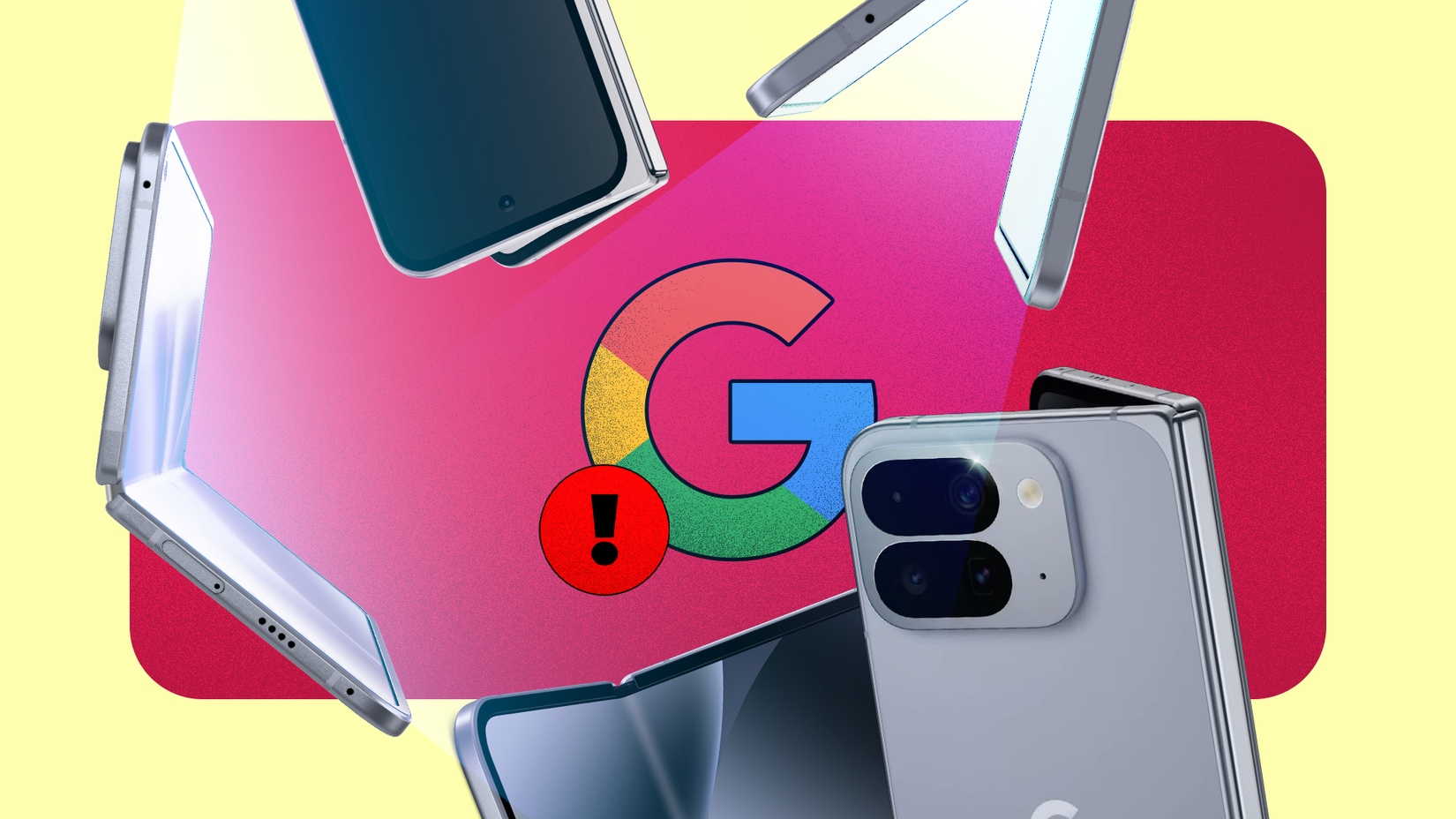 Several Pixel Fold smartphones floating around a large Google logo with a warning sign.