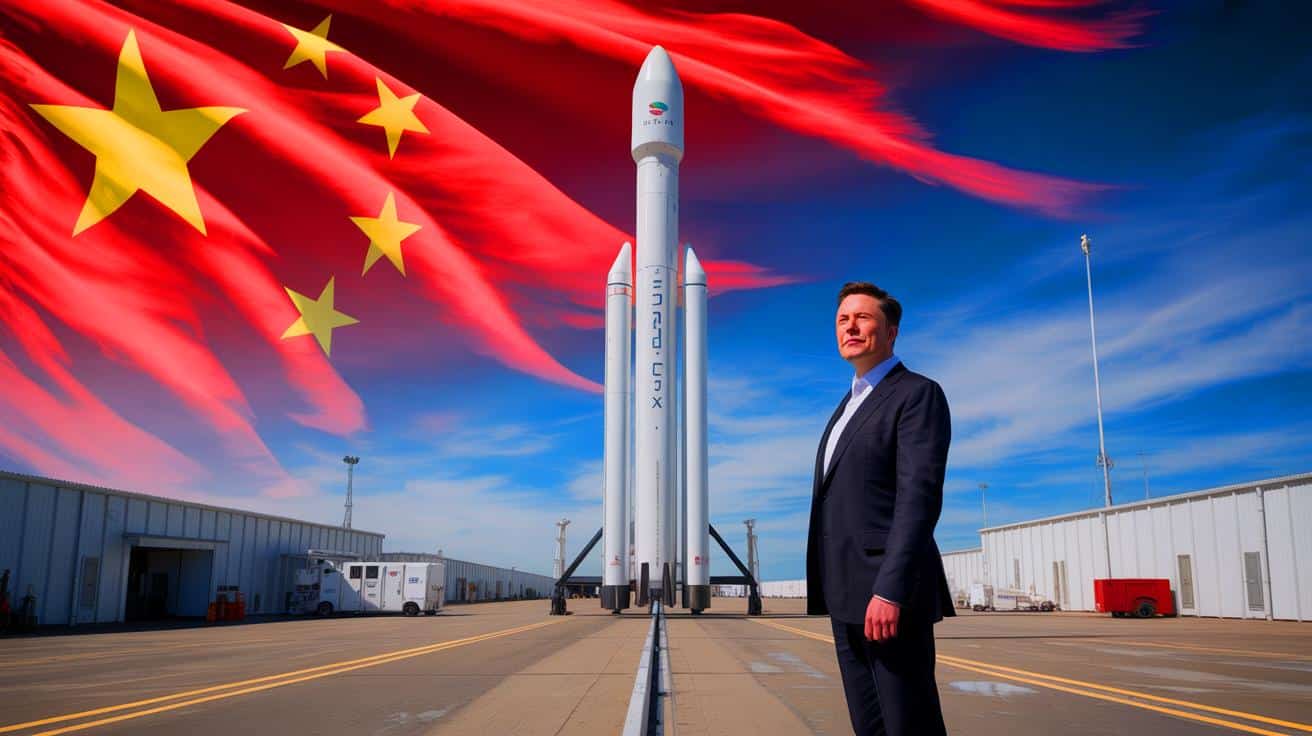 Illustration of Elon Musk's SpaceX and its financial ties to Chinese investors amidst U.S. military contract concerns.