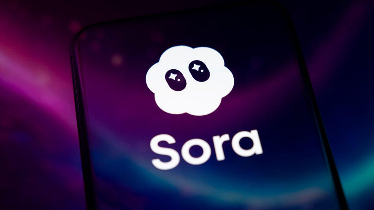 The Sora app logo appears on a smartphone screen, reflecting an abstract illustration in pink and blue.