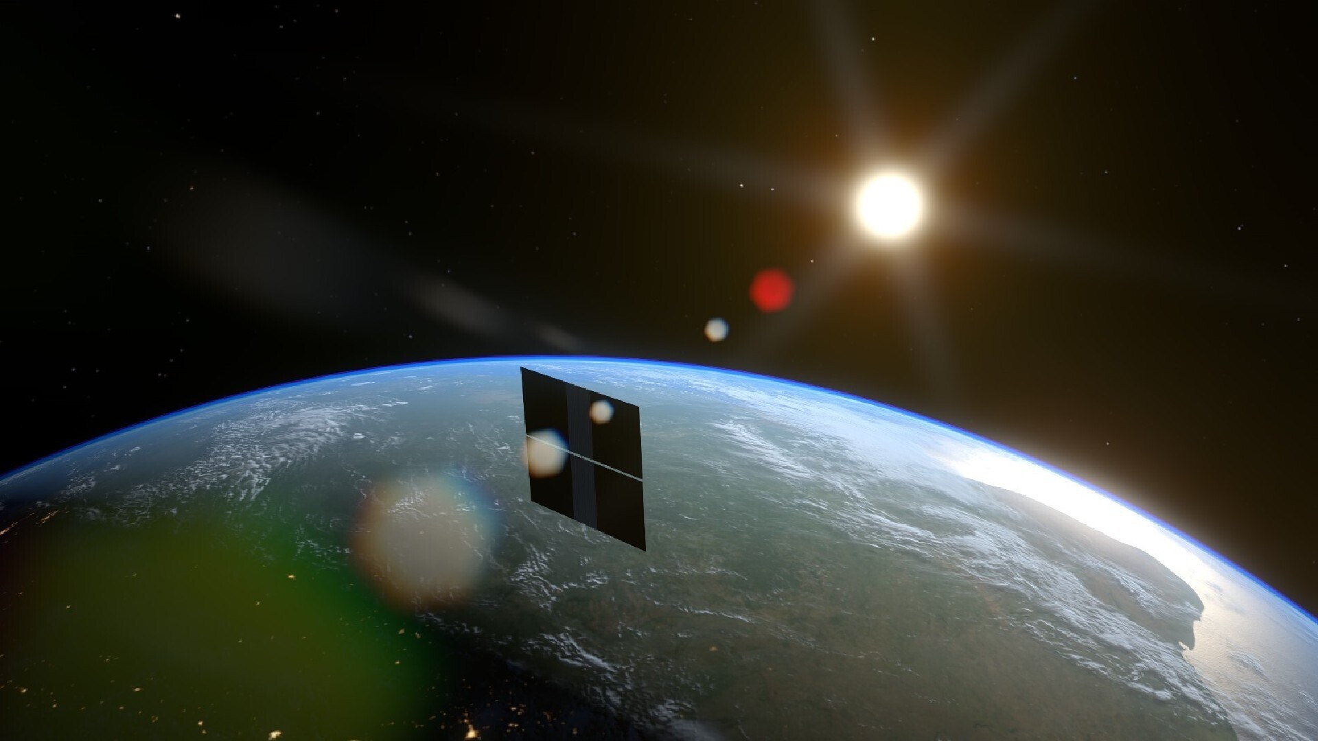 A satellite floats above Earth in space
