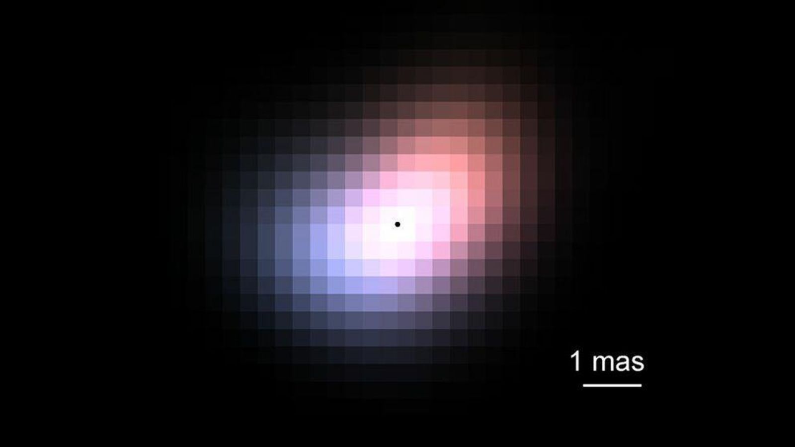 A blurry photo of red and blue light in the disk surrounding a star against a black background