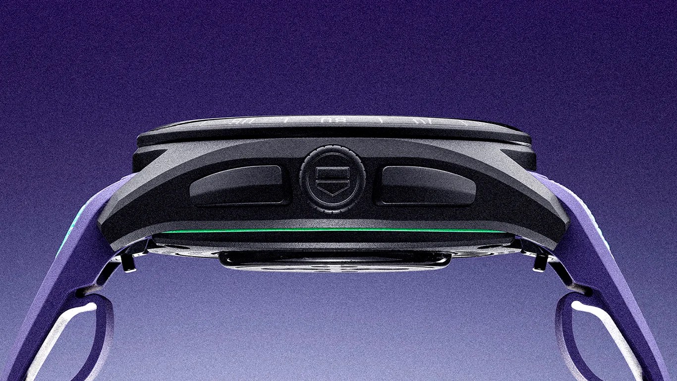 Side view of a black digital watch with a purple strap and a green accent line on the case.