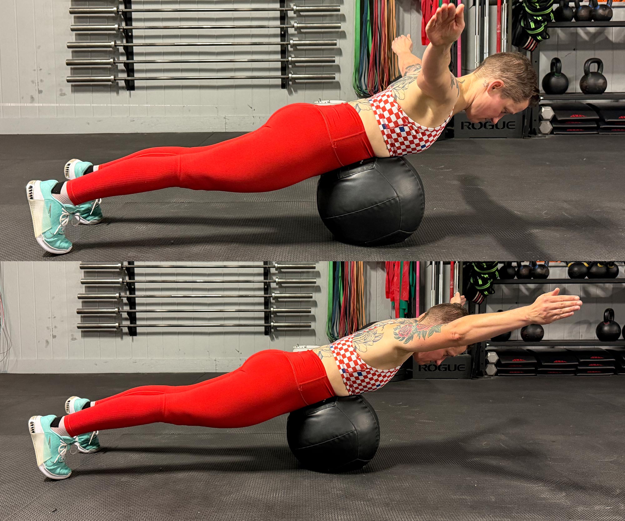 A woman doing stretches on a medicine ball