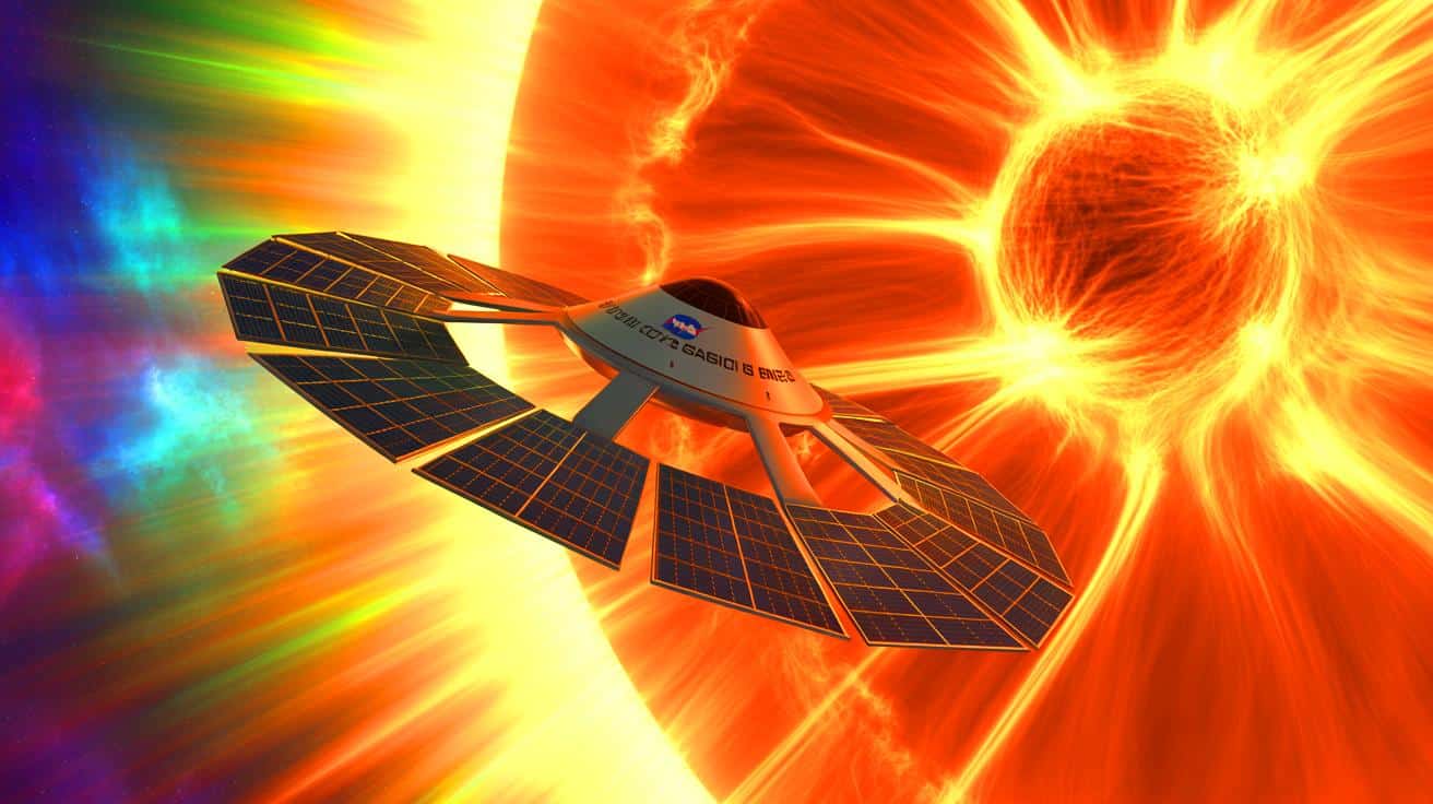Illustration of NASA's Solar Cruiser spacecraft amid space tornadoes caused by plasma eruptions from the sun.
