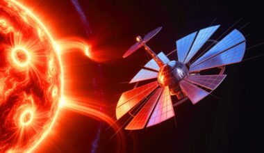 Illustration of NASA's Solar Cruiser spacecraft navigating space weather phenomena.