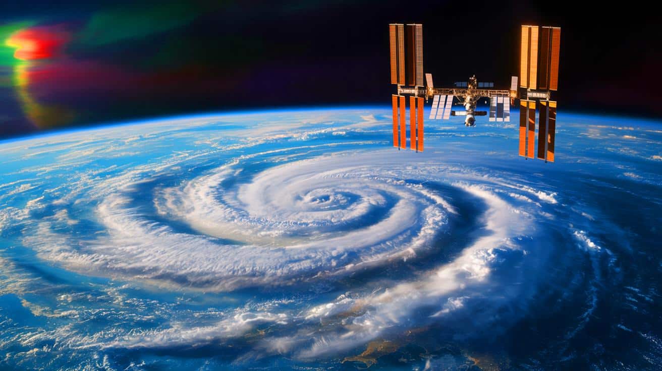 Illustration of NASA's International Space Station detecting unseen atmospheric waves above Earth during Hurricane Helene.