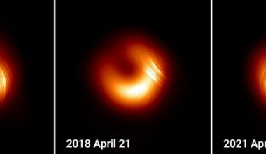 Three polarized light images of M87* from 2017, 2018, and 2021. The images differ, showing how the black hole is changing over time.