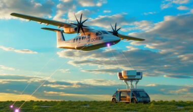 Illustration of a DLR Dornier 228 research aircraft transmitting individual photons to a mobile ground station.