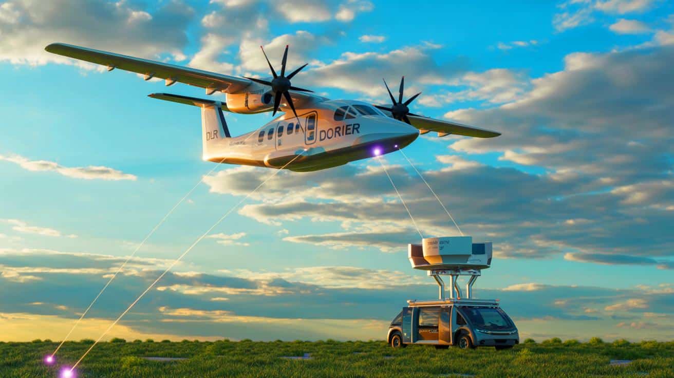 Illustration of a DLR Dornier 228 research aircraft transmitting individual photons to a mobile ground station.