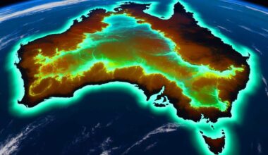 Illustration of a massive bioluminescent phytoplankton bloom off the southern coast of Australia, visible from space.
