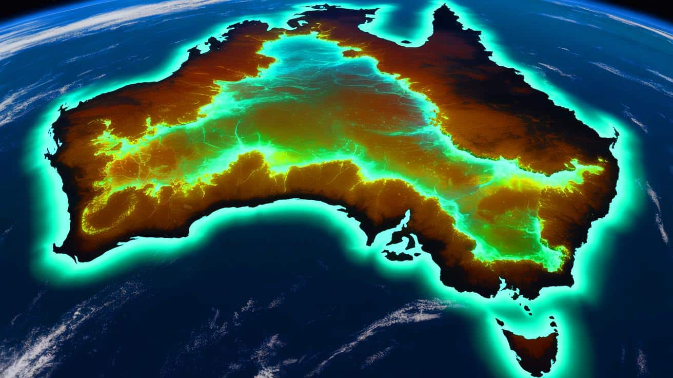 Illustration of a massive bioluminescent phytoplankton bloom off the southern coast of Australia, visible from space.