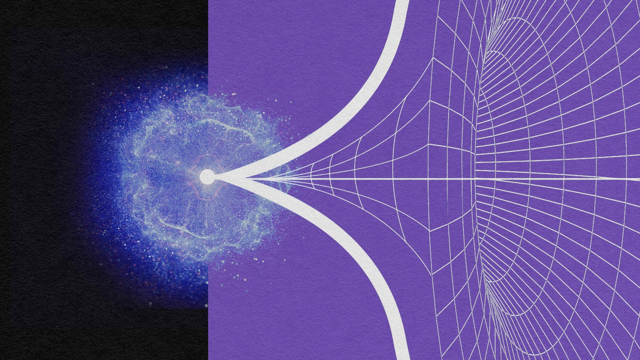 A digital illustration showing a glowing blue particle on the left, evoking cosmic inflation, transitioning into a geometric, grid-like structure on a purple background on the right.
