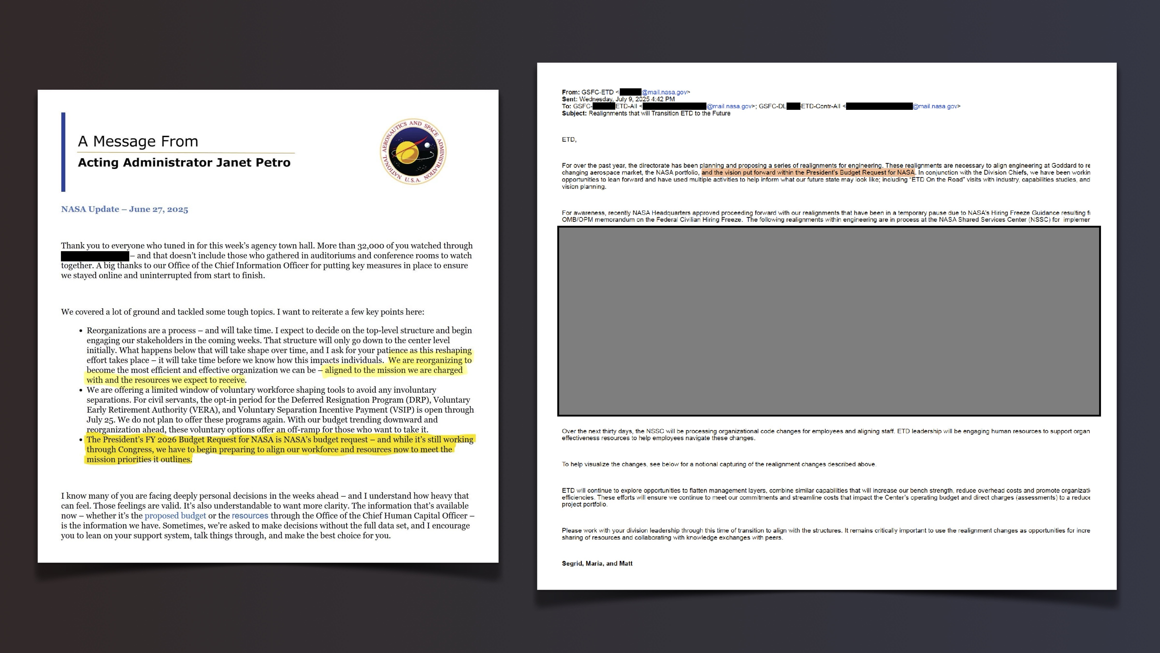 Two documents with redactions and highlights.