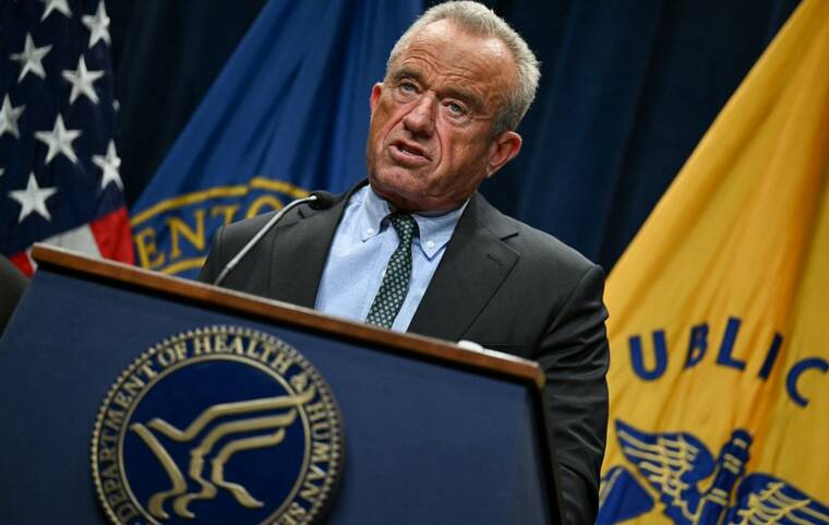 REUTERS/ANNABELLE GORDON
U.S. Secretary of Health and Human Services Robert F. Kennedy Jr. speaks during a press conference alongside U.S. Food and Drug Administration Commissioner Marty Makary, and Centers for Medicare & Medicaid Services Administrator Mehmet Oz, discussing administration plans to lower drug costs, at the Department of Health and Human Services in Washington, D.C., today.