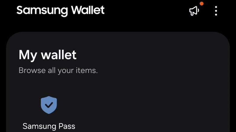 Samsung Wallet mobile app interface when app is first opened.