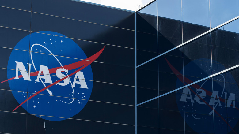 NASA logo at the entrance of the space center in Houston