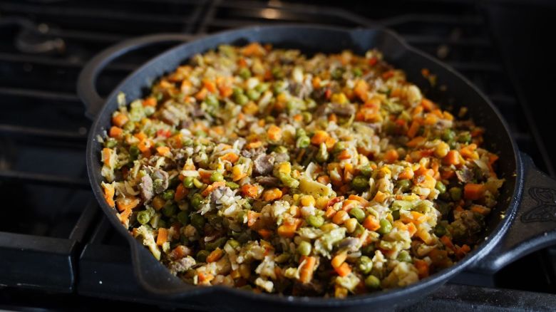 The month of freeze-dried rations will include rehydrated stir fried beef and vegetables.