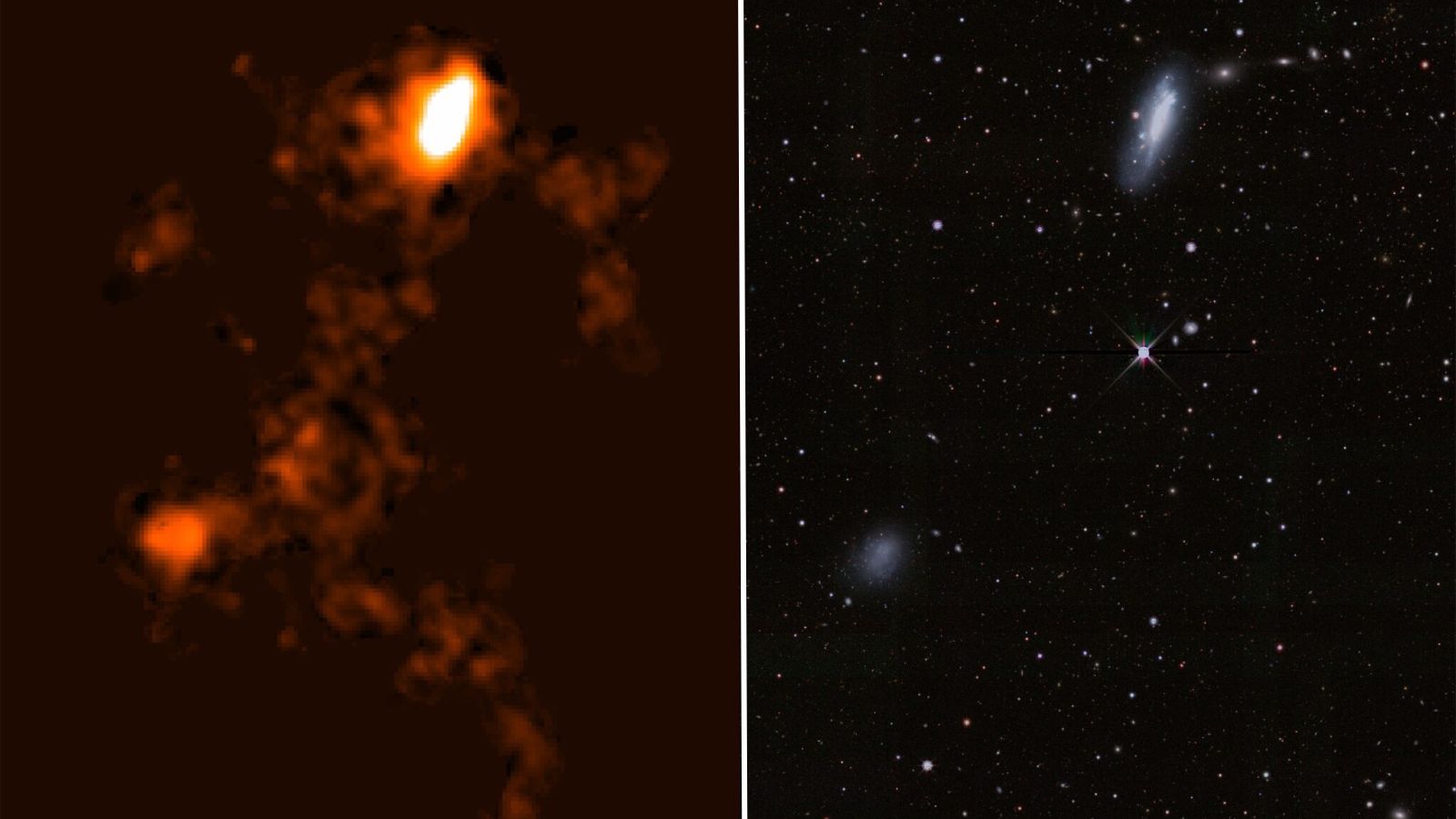 Side-by-side images of the two dwarf galaxies with and without the gas bridge highlighted