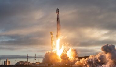 a black and white rocket launches into a cloudy sky