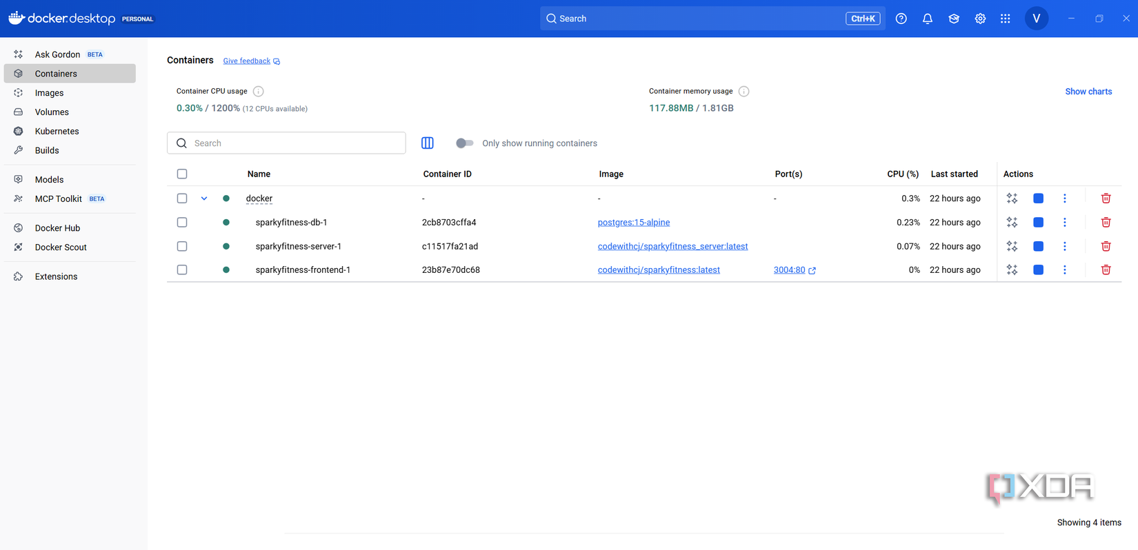 A screenshot of SparkyFitness services running in Docker