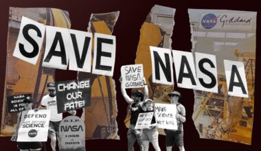 SAVE NASA hangs in front of a torn up photo as black and white protesters hold signs in the bottom foreground.