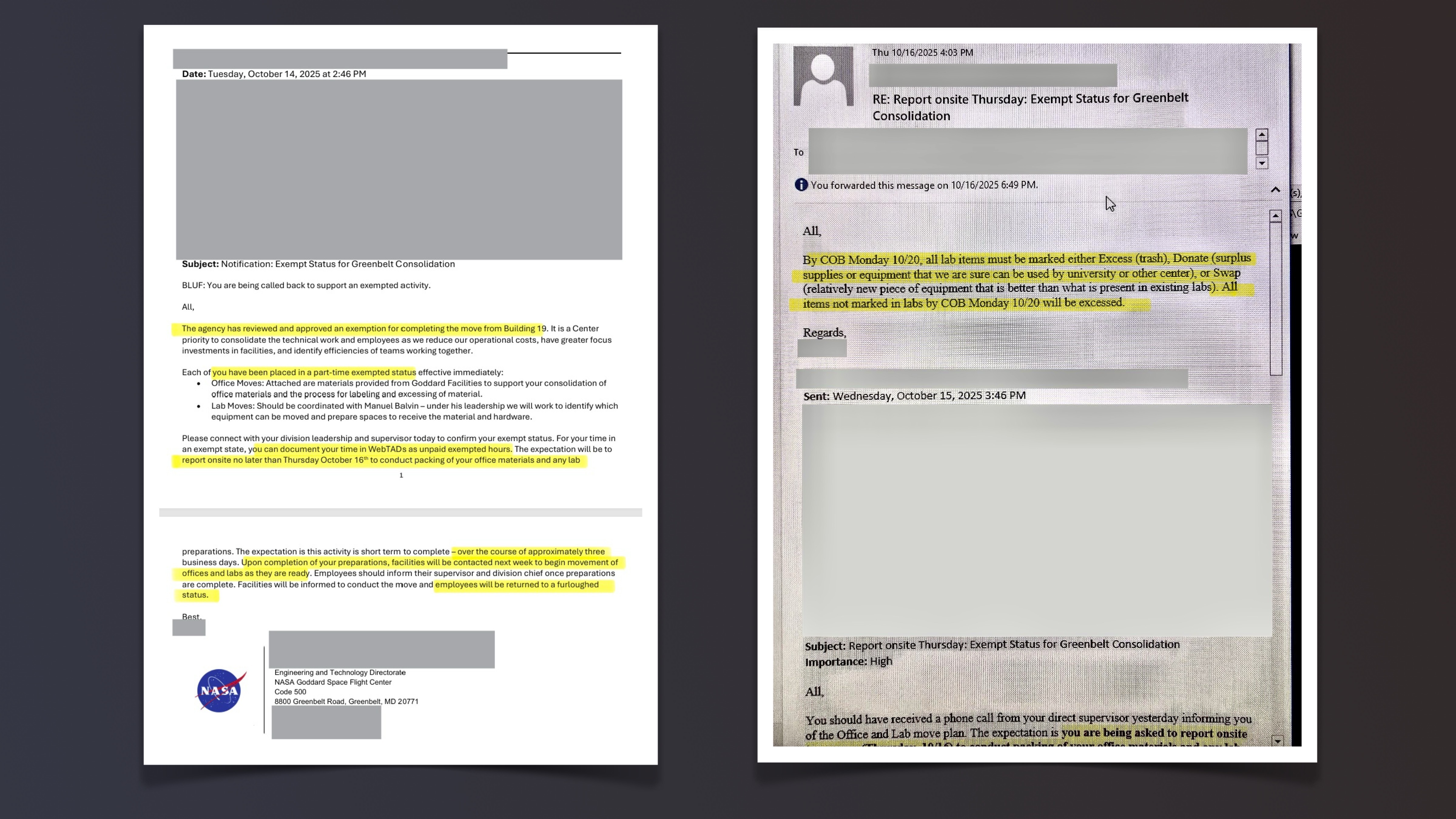 Documents with redactions and highlights.