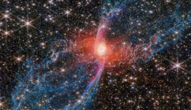 A large planetary nebula. The nebula&rsquo;s central star is hidden by a blotchy pinkish cloud of dust. A strong red light radiates from this area, illuminating the nearby dust. Two large loops extend diagonally away from the centre, formed of thin ridges of molecular gas, here coloured blue. They stretch out to the corners of the view. A huge number of bright, whitish stars cover the background, also easily visible through the thin dust layers.
