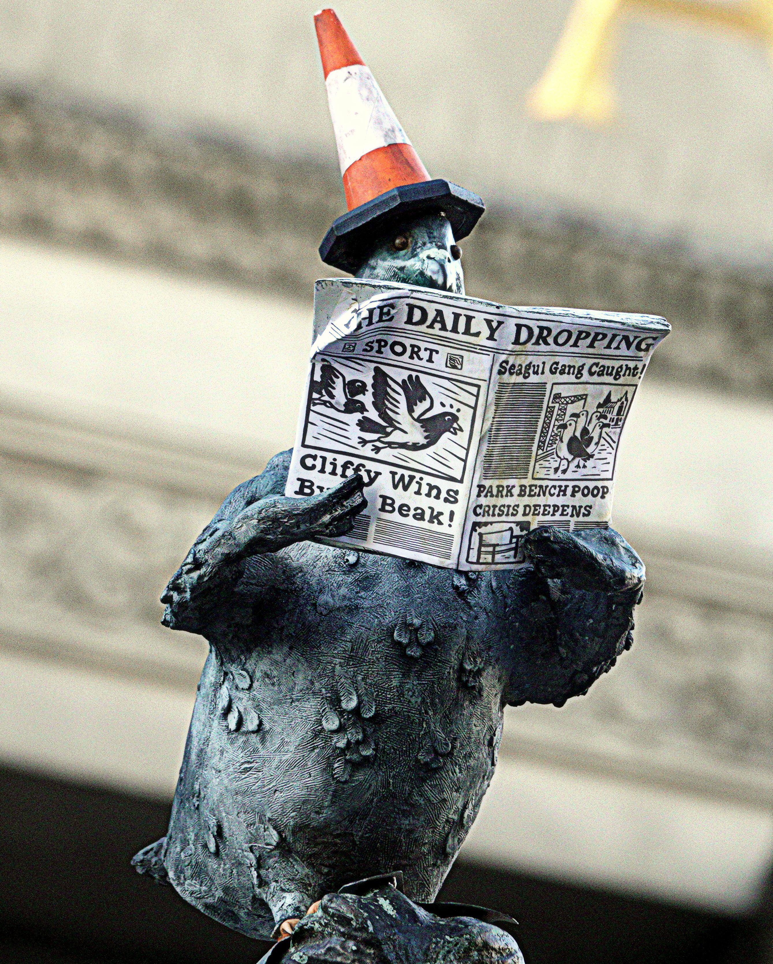 Statue wearing an orange and white traffic cone on its head and reading "The Daily Dropping" newspaper.
