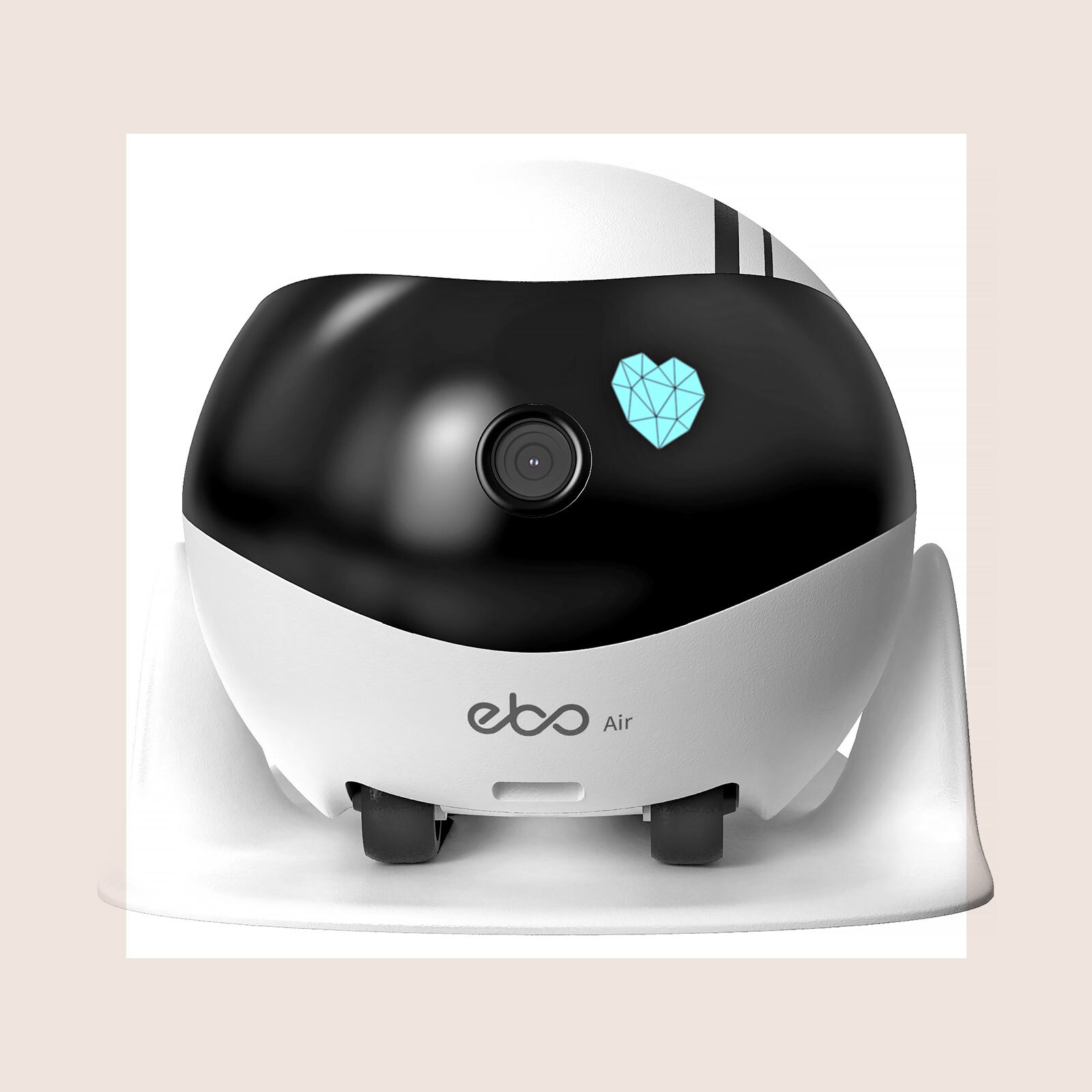 Ebo Air robot with camera and light-blue geometric heart.