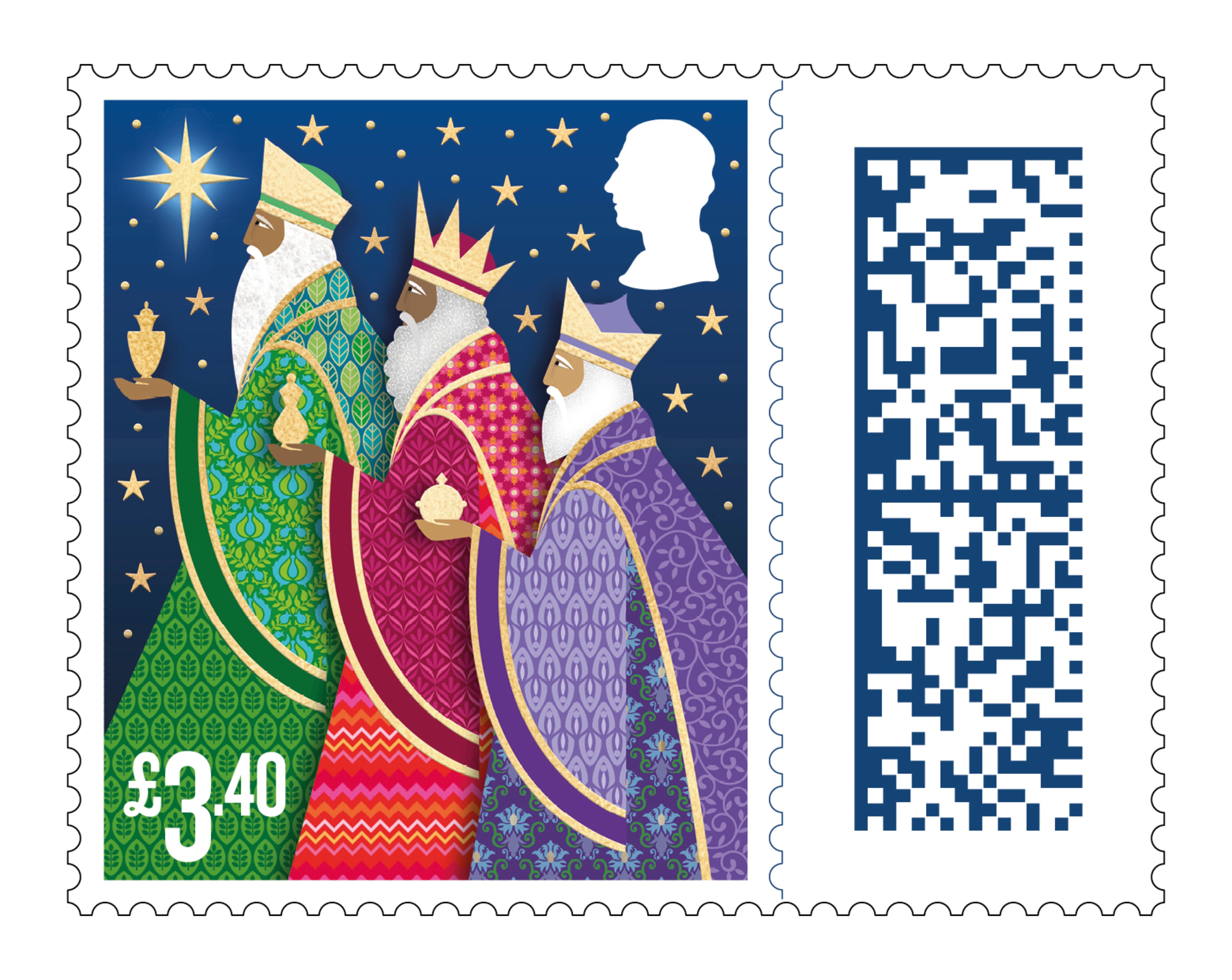 Illustration of a Royal Mail Christmas 2025 stamp featuring the Three Wise Men against a starry night sky.