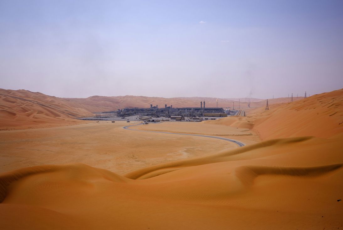 The Natural Gas Liquids facility stands among desert dunes in Saudi Aramco's Shaybah oilfield in the Rub' Al-Khali desert in Shaybah, Saudi Arabia, in 2018.