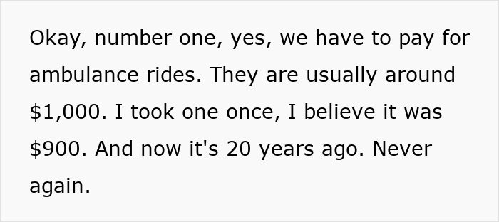 Text about paying for ambulance rides in America, mentioning costs around $900 to $1,000 and its impact.