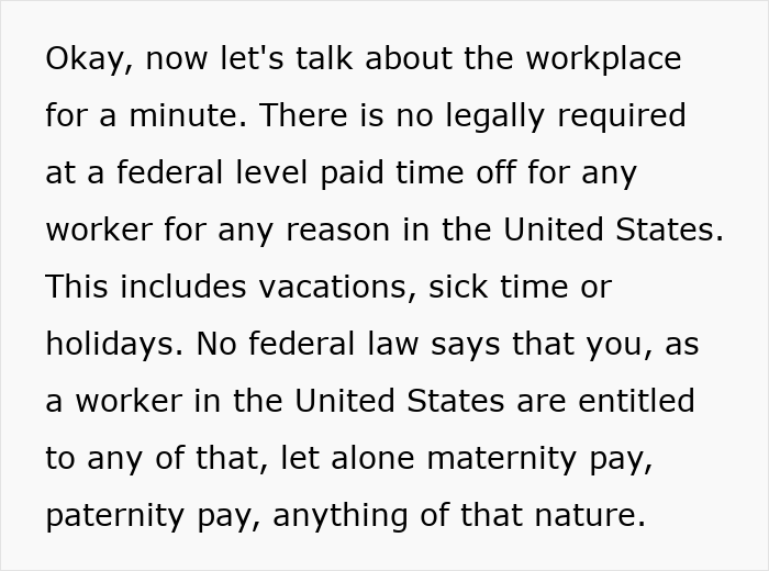 Text discussing lack of federally mandated paid time off and implications for workers in America’s dystopian workplace system.