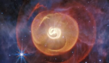 a photo captured by the James Webb Space Telescope of four coiled shells of dust around a pair of Wolf-Rayet stars known as Apep