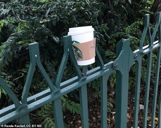 This Starbucks coffee cup was found in the Islington district of London speared on the top of a gate