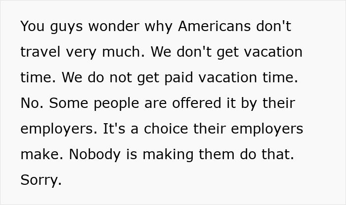 Text discussing why Americans don't travel much, highlighting lack of paid vacation time and employer choice.