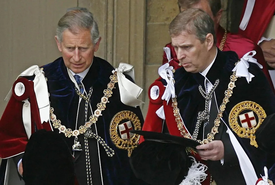 Getty Images King Charles and Prince Andrew after attending the Garter service at St George's Chapel at Windsor Castle, in Windsor, in south-east England, 18 June 2007